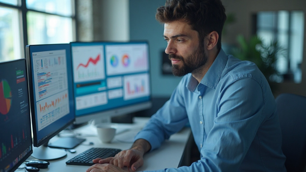 Профессиональный аналитик работает с дашбордом на компьютере в современном офисе