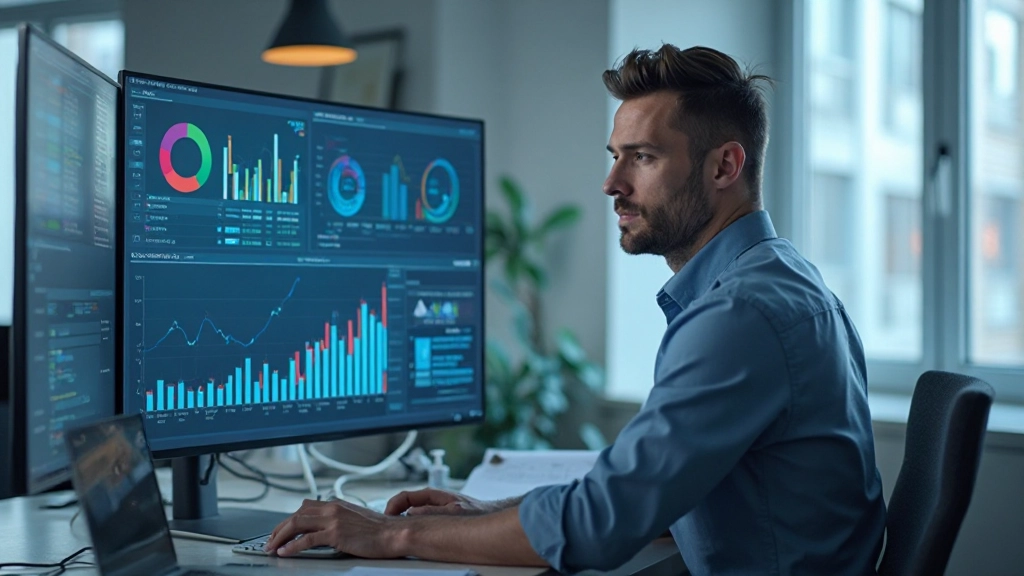 Профессиональный аналитик работает с данными на современном мониторе в офисе, просматривая графики и диаграммы, естественное освещение из окна, размытый фон