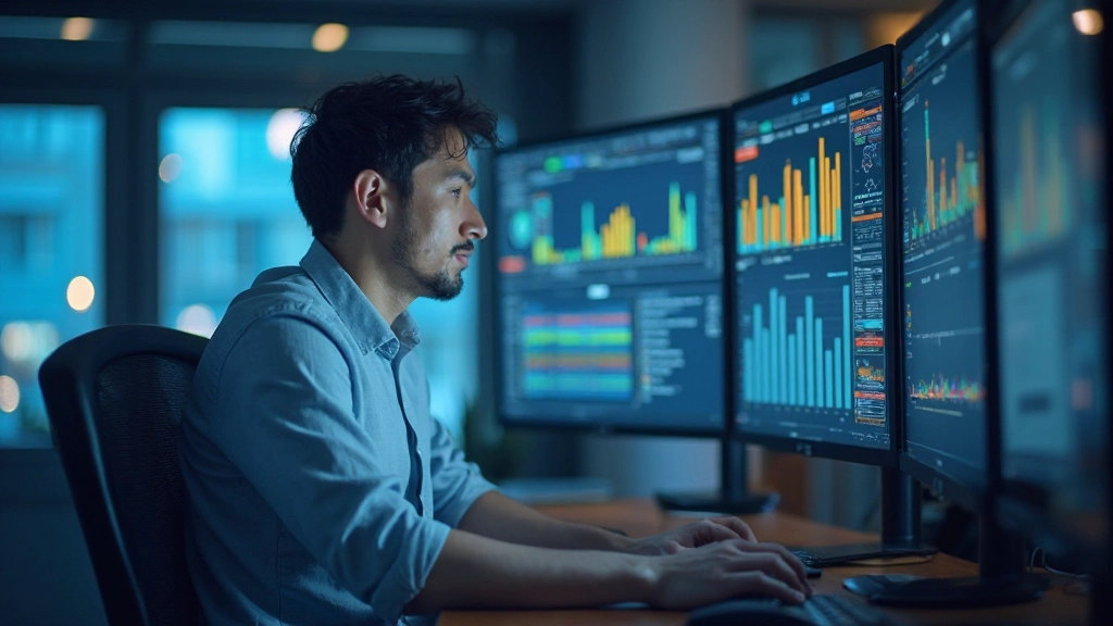 Аналитик работает с большими объёмами данных на компьютере