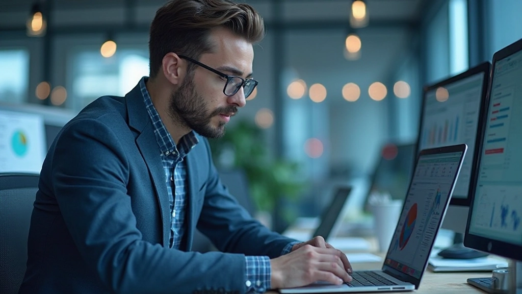 Аналитик работает с большими данными и интерактивными визуализациями на современном рабочем месте