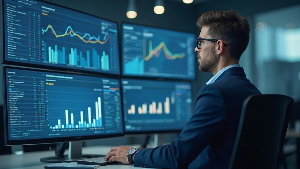 Профессиональный аналитик работает с большими объёмами данных на компьютере, анализируя информацию в корпоративной среде